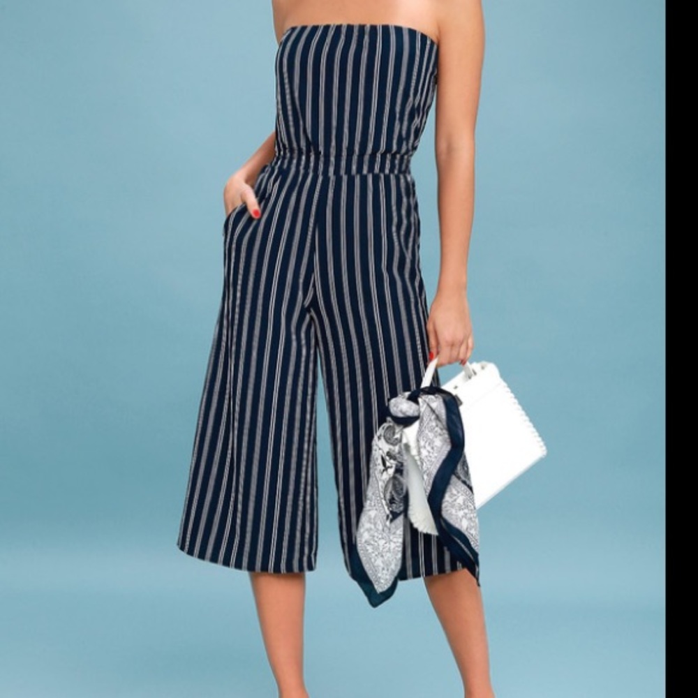 Free People Anthropologie Navy Strapless Jumpsuit S Navy White Striped Wide Leg